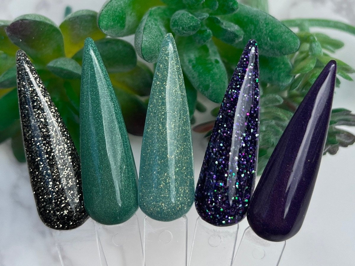 Photo shows swatch of Dipnotic Nails Mountain Mood Collection Purple and Green Nail Dip Powder Collection