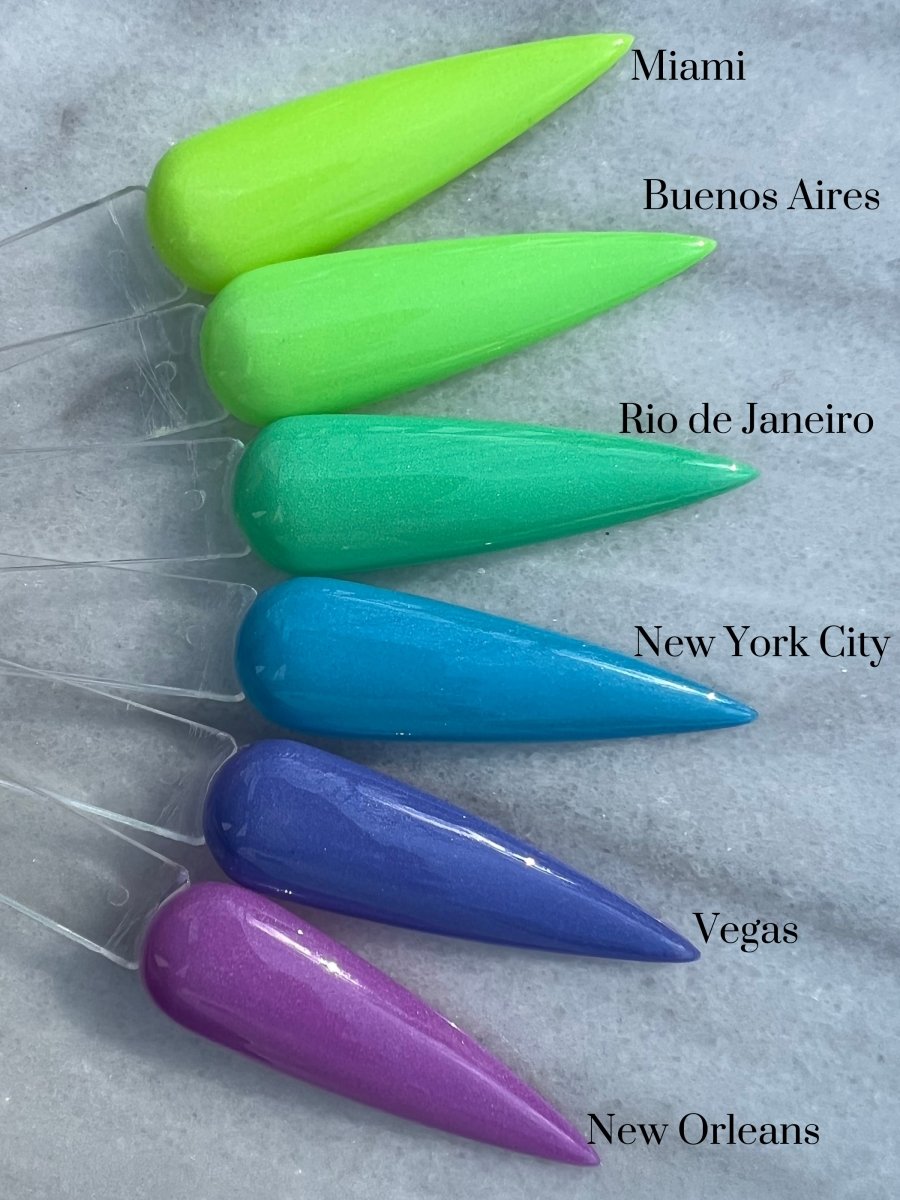Photo shows swatch of Dipnotic Nails Neon Lights Collection (Partial 1) Pastel Neon Glow Nail Dip Powder