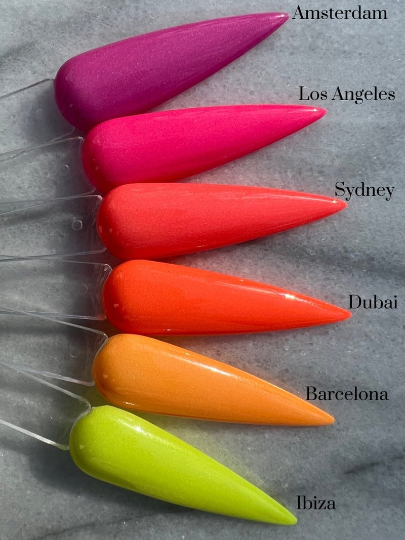 Photo shows swatch of Dipnotic Nails Neon Lights Collection (Partial 4) Pastel Neon Glow Nail Dip Powder