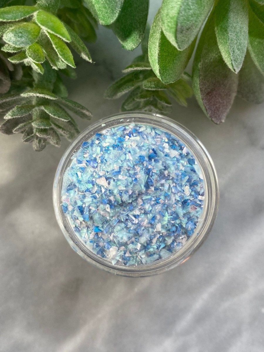Photo shows swatch of Dipnotic Nails Ocean Mosaic Blue Nail Dip Powder