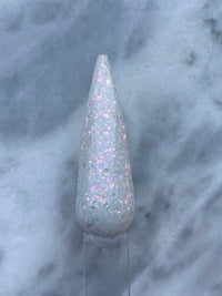 Photo shows swatch of Dipnotic Nails Opal October Birthstone White Shimmer Nail Dip Powder