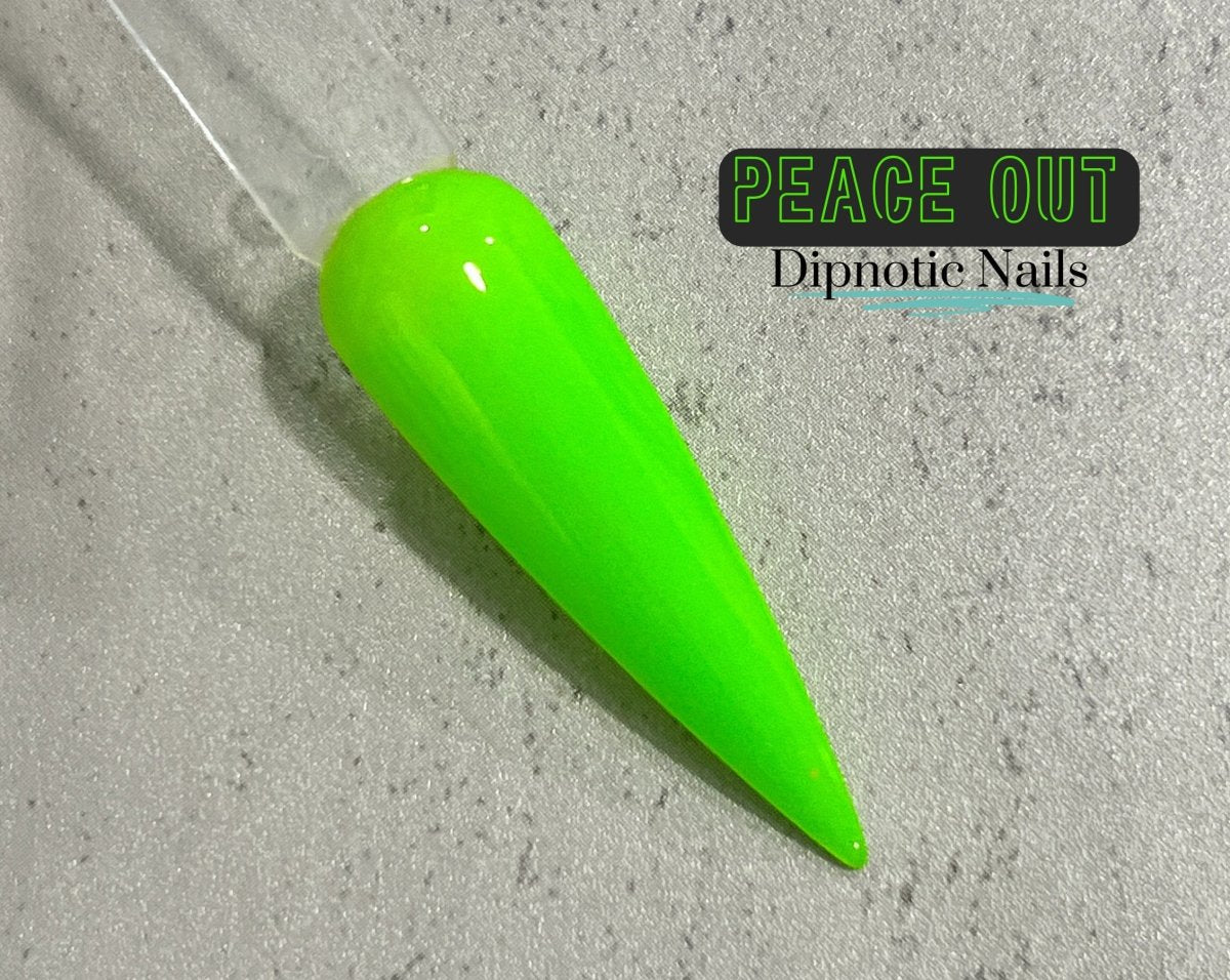 Photo shows swatch of Dipnotic Nails Peace Out Neon Green Nail Dip Powder The Nineties Collection