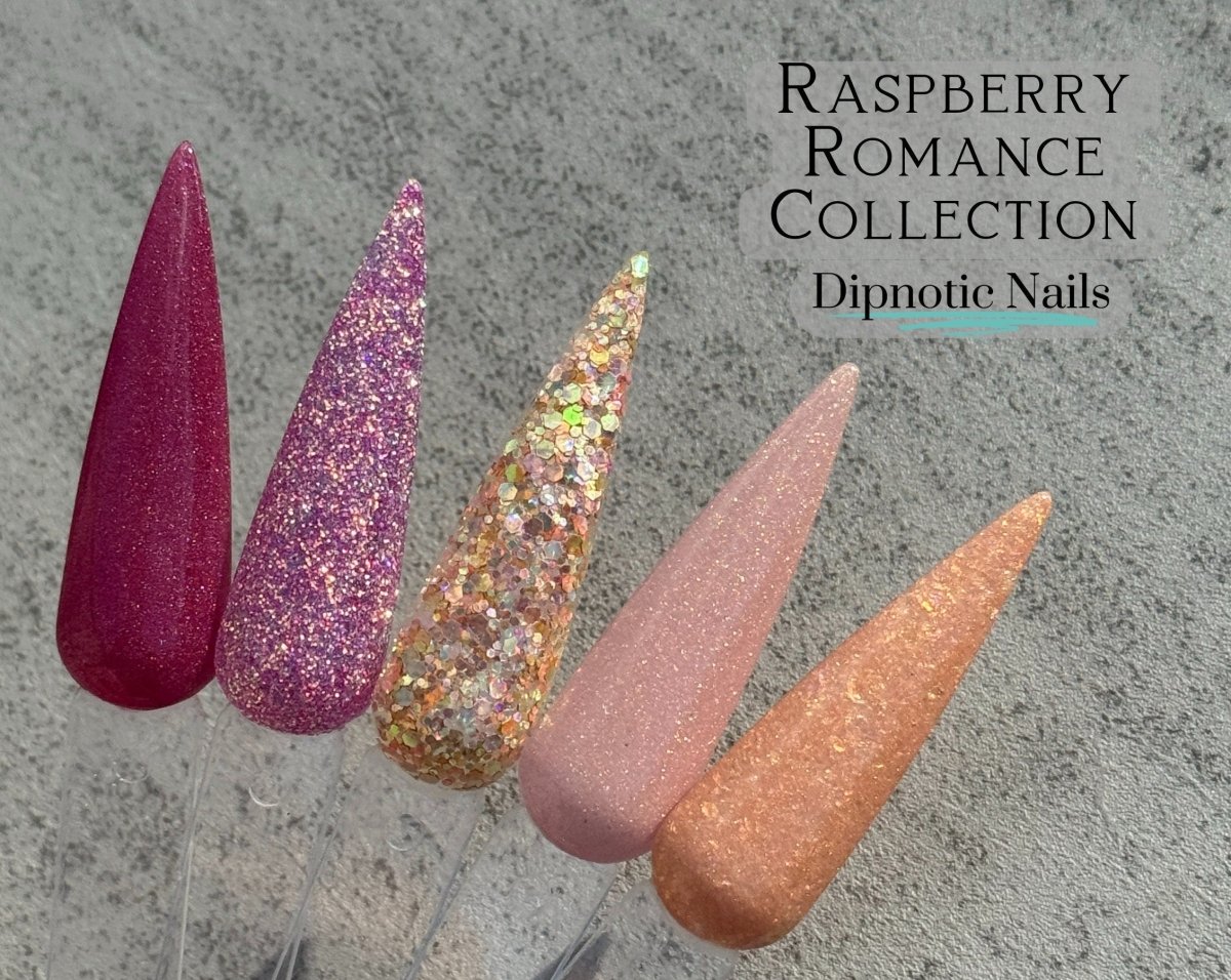 Photo shows swatch of Dipnotic Nails Peach Passion Nail Dip Powder- Raspberry Romance Collection