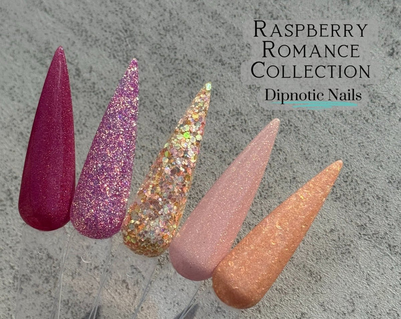 Photo shows swatch of Dipnotic Nails Peach Passion Nail Dip Powder- Raspberry Romance Collection