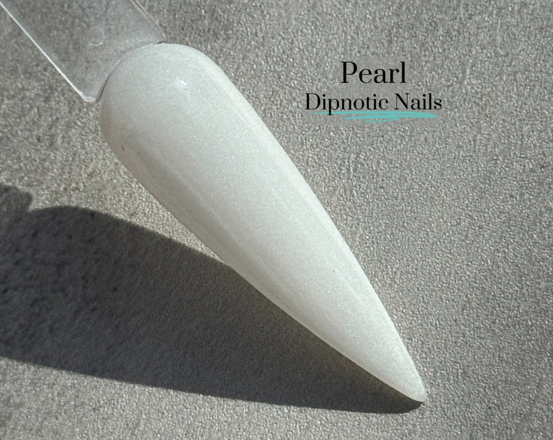 Photo shows swatch of Dipnotic Nails Pearl June Birthstone White Shimmer Nail Dip Powder