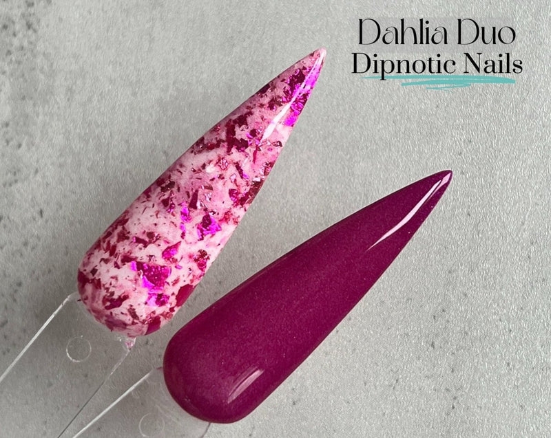 Photo shows swatch of Dipnotic Nails Petal White and Pink Foil Nail Dip Powder The Dahlia Duo