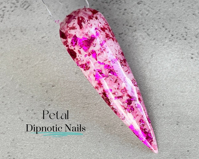 Photo shows swatch of Dipnotic Nails Petal White and Pink Foil Nail Dip Powder The Dahlia Duo