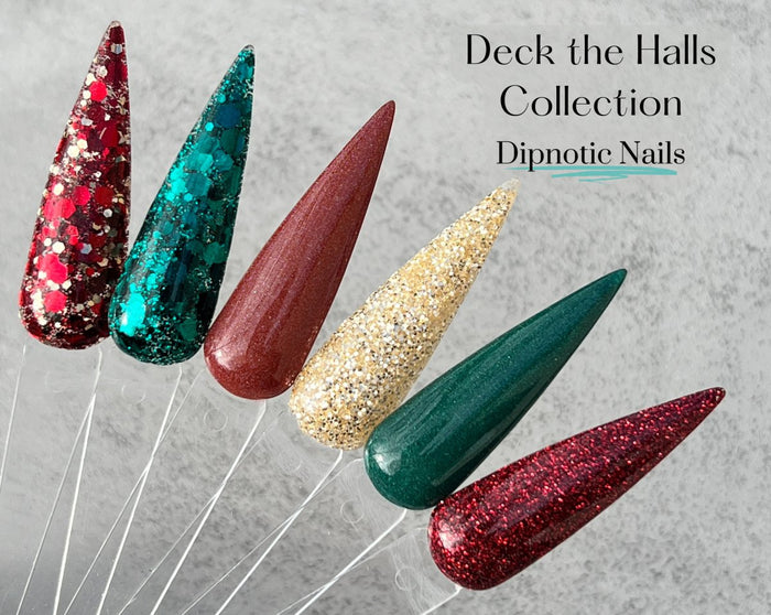 Photo shows swatch of Dipnotic Nails Poinsettia Red Nail Dip Powder The Deck the Halls Collection