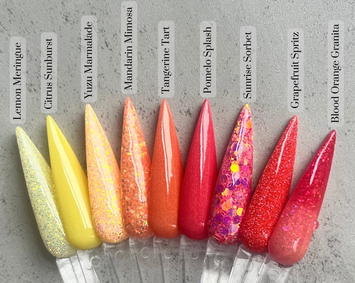 Photo shows swatch of Dipnotic Nails Pomelo Splash Dark Coral Glow Nail Dip Powder The Citrus Sunrise Collection