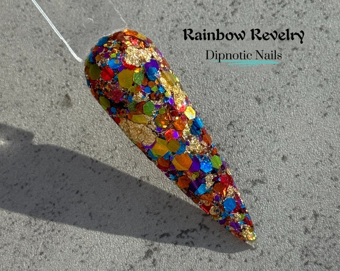 Photo shows swatch of Dipnotic Nails Rainbow Revelry Rainbow St. Patrick's Day Dip Powder