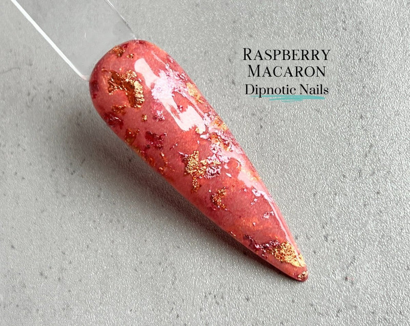 Photo shows swatch of Dipnotic Nails Raspberry Macaron Pink Foil Nail Dip Powder Copper Rose Collection