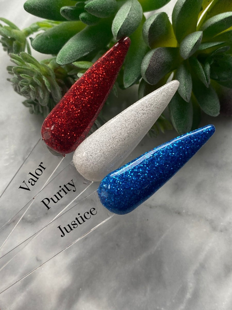 Photo shows swatch of Dipnotic Nails Red, White, and Blue Collection Nail Dip Powder