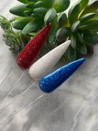 Photo shows swatch of Dipnotic Nails Red, White, and Blue Collection Nail Dip Powder