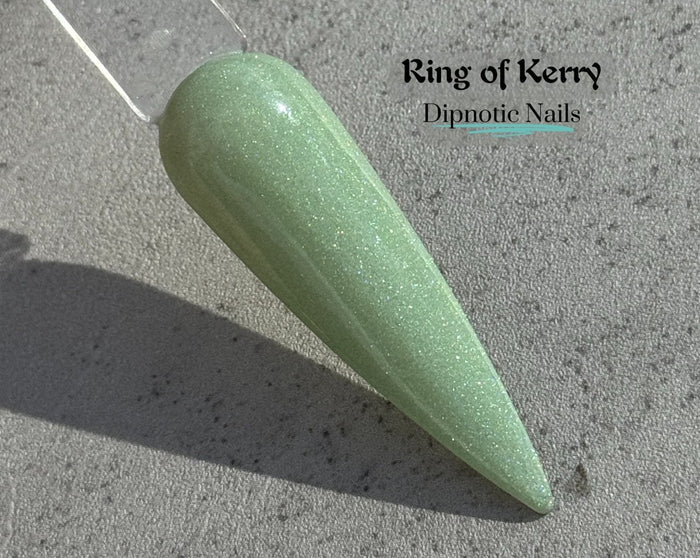 Photo shows swatch of Dipnotic Nails Ring of Kerry Pale Green Nail Dip Powder The Emerald Isle Collection Pt. 2