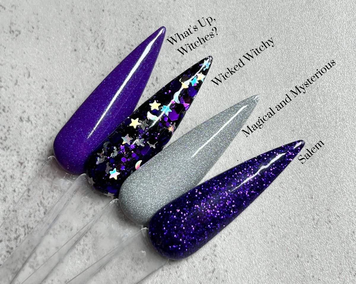 Photo shows swatch of Dipnotic Nails Salem Dark Purple Nail Dip Powder The Wicked Witchy Collection