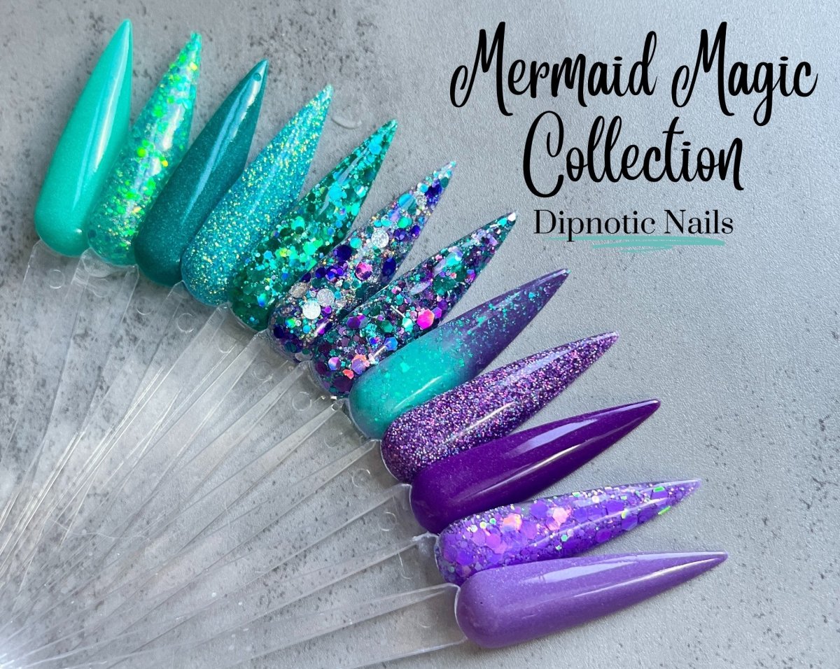 Photo shows swatch of Dipnotic Nails Sea Glass Confetti Teal Blue Iridescent Nail Dip Powder The Mermaid Magic Collection