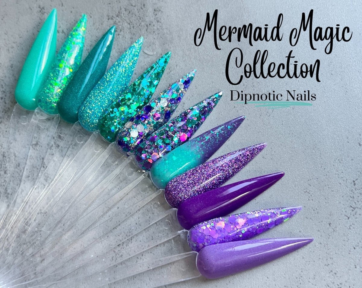 Photo shows swatch of Dipnotic Nails Seas the Day Dark Teal Blue Nail Dip Powder The Mermaid Magic Collection