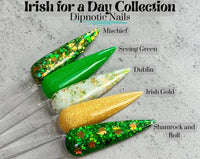 Photo shows swatch of Dipnotic Nails Shamrock and Roll Green and Gold Clover Nail Dip Powder The Irish for a Day Collection