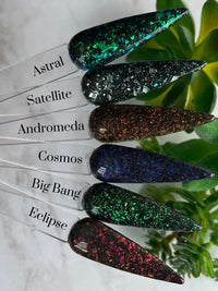 Photo shows swatch of Dipnotic Nails Space Collection Dip Powder Toppers