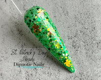 Photo shows swatch of Dipnotic Nails St. Patrick’s Day Parade Green and Gold Clover Nail Dip Powder