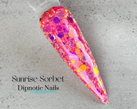 Photo shows swatch of Dipnotic Nails Sunrise Sorbet Pink Orange Yellow and Purple Color Shift Nail Dip Powder The Citrus Sunrise Collection