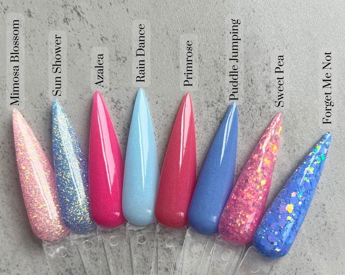Photo shows swatch of Dipnotic Nails Sweet Pea Pink Nail Dip Powder The April Showers and May Flowers Collection