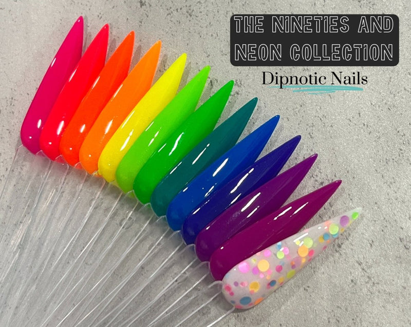 Photo shows swatch of Dipnotic Nails Talk to the Hand Neon Pink Nail Dip Powder The Nineties Collection