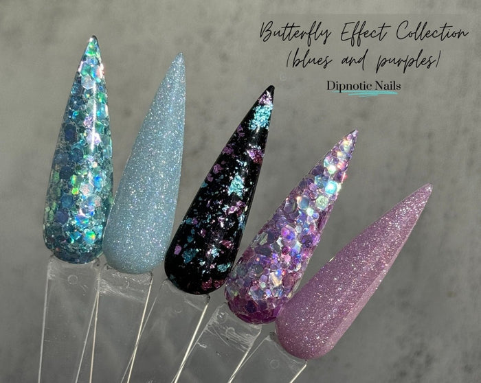 Photo shows swatch of Dipnotic Nails The Butterfly Effect Collection Blues and Purples- Spring Butterfly Nail Dip Powder Collection