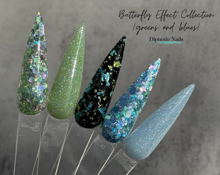 Photo shows swatch of Dipnotic Nails The Butterfly Effect Collection Greens and Blues- Spring Butterfly Nail Dip Powder Collection