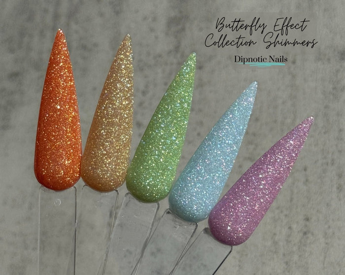 Photo shows swatch of Dipnotic Nails The Butterfly Effect Collection Shimmers Only- Spring Butterfly Nail Dip Powder Collection