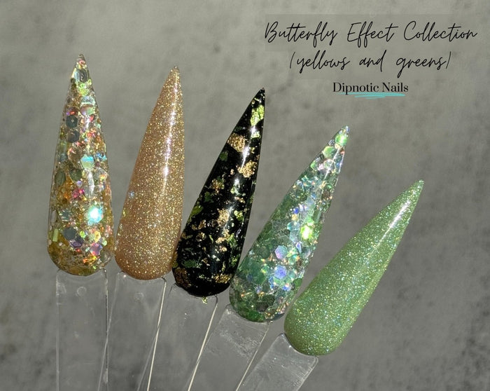 Photo shows swatch of Dipnotic Nails The Butterfly Effect Collection Yellows and Greens- Spring Butterfly Nail Dip Powder Collection