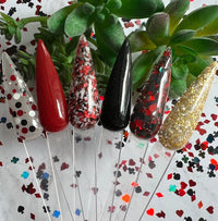 Photo shows swatch of Dipnotic Nails The Casino Collection Red Black and White Glitter Nail Dip Powder Collection