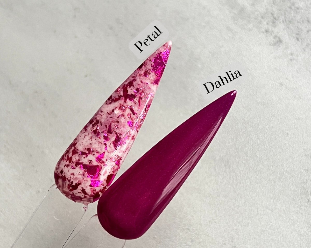 Photo shows swatch of Dipnotic Nails The Dahlia Duo Foil Nail Dip Powder Duo