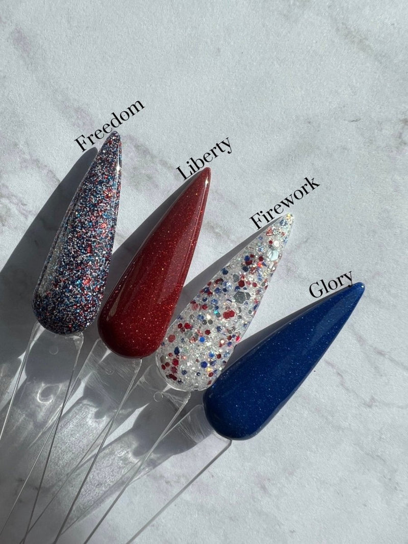 Photo shows swatch of Dipnotic Nails The Fourth of July Collection Red White and Blue Nail Dip Powder Collection