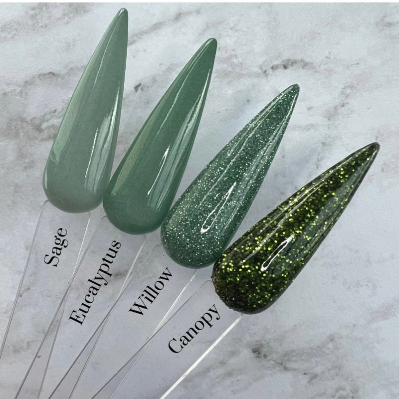 Photo shows swatch of Dipnotic Nails The Garden Collection Greens Nail Dip Powder Collection