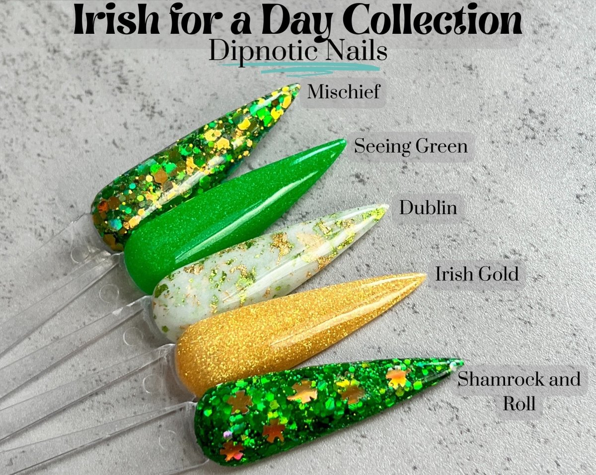 Photo shows swatch of Dipnotic Nails The Irish for a Day Collection Green and Gold St Patrick’s Day Dip Powder Collection