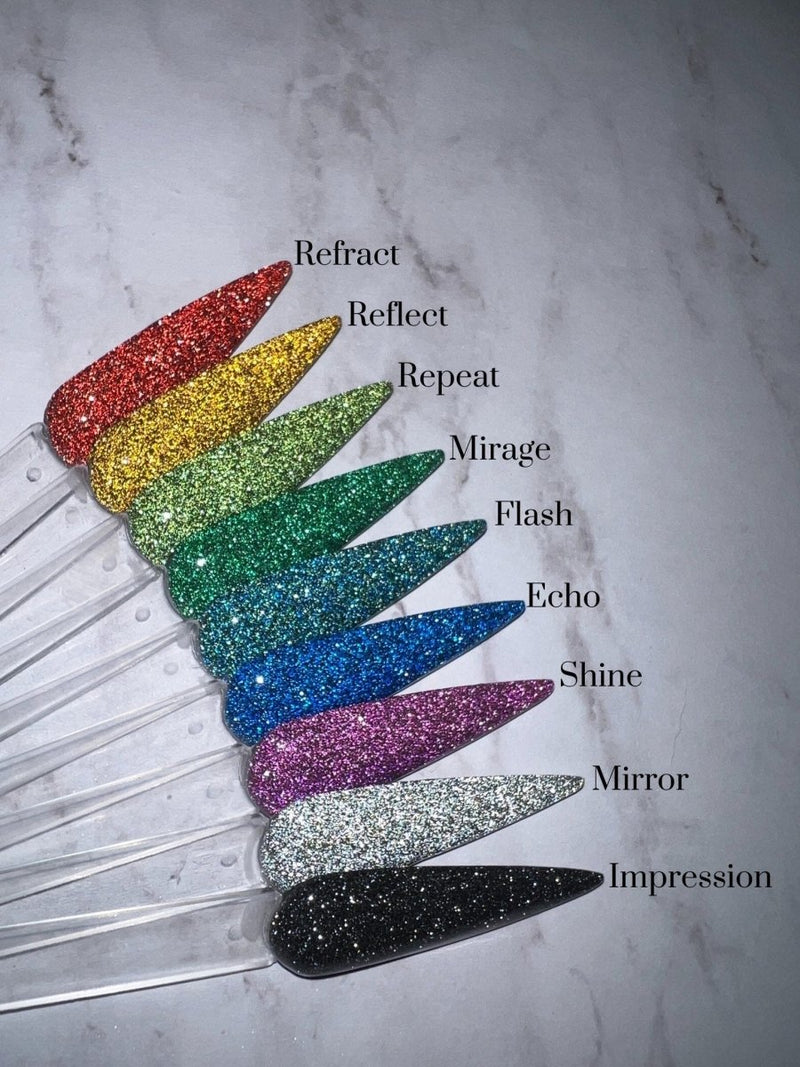 Photo shows swatch of Dipnotic Nails The Reflective Collection Reflective Glitter Nail Dip Powder