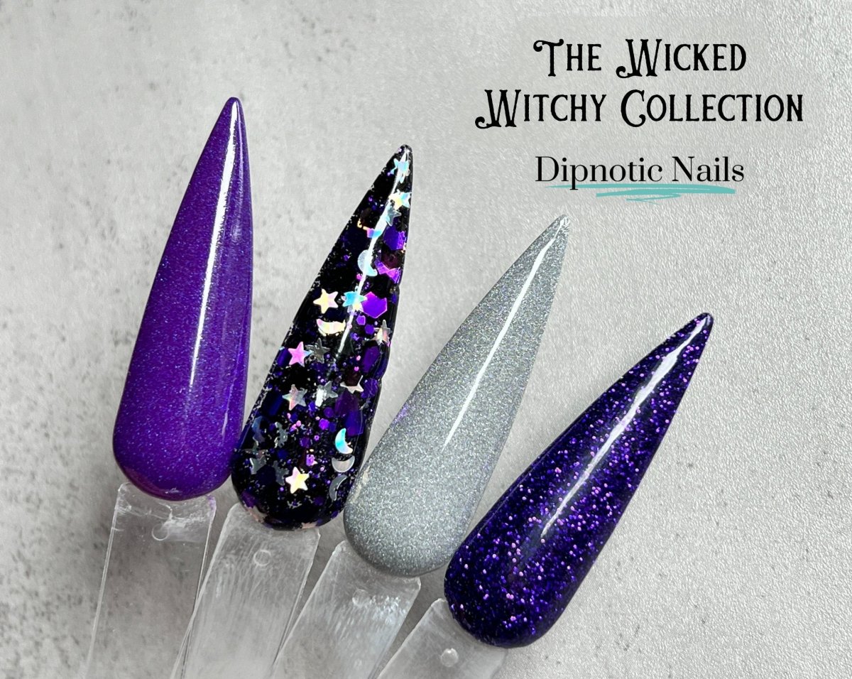 Photo shows swatch of Dipnotic Nails The Wicked Witchy Collection Purple, Black, and Silver Dip Powder Collection