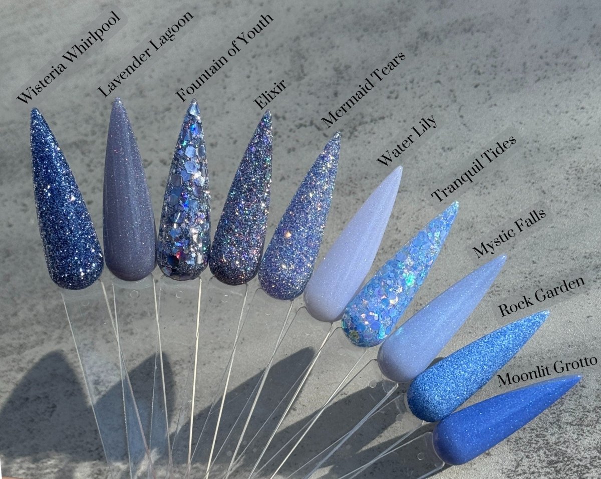Photo shows swatch of Dipnotic Nails Tranquil Tides Periwinkle Dip Powder- The Enchanted Waters Collection