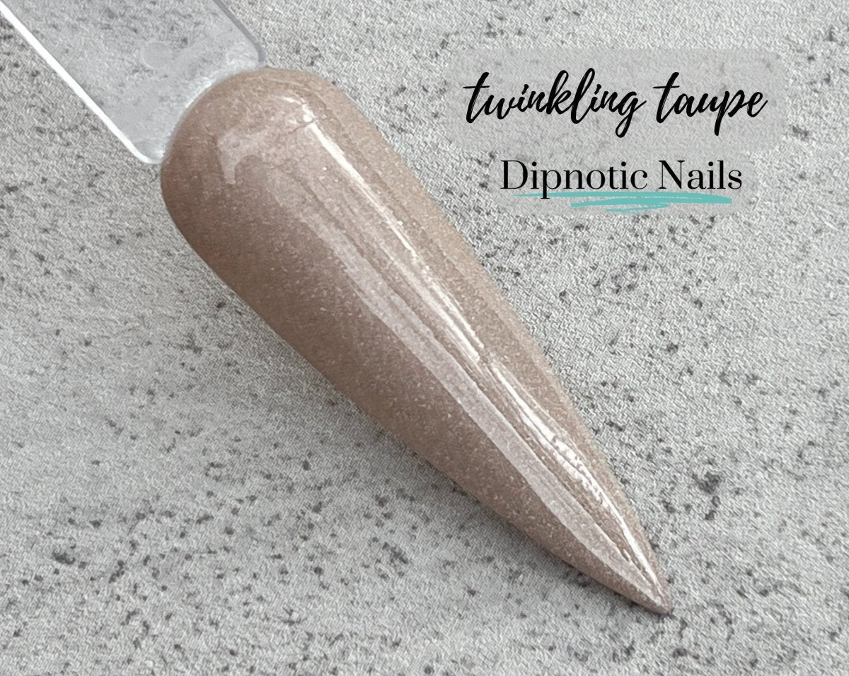 Photo shows swatch of Dipnotic Nails Twinkling Taupe Nail Dip Powder Burlap and Boughs Collection