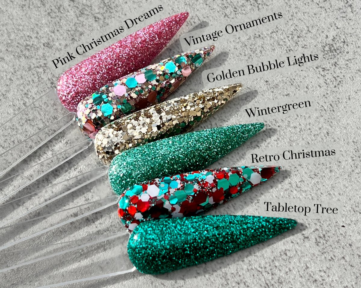 Photo shows swatch of Dipnotic Nails Vintage Christmas Collection Nail Dip Powder Collection