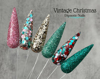 Photo shows swatch of Dipnotic Nails Vintage Ornaments Pink, Teal, and Gold Nail Dip Powder The Vintage Christmas Collection
