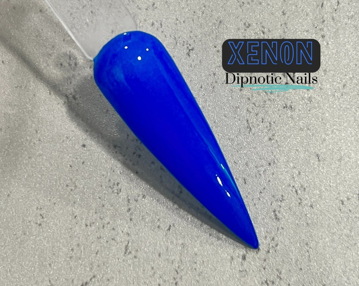 Photo shows swatch of Dipnotic Nails Xenon Neon Blue Nail Dip Powder- The Neon Collection